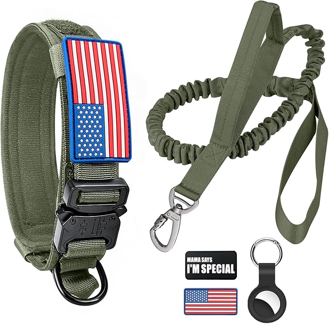 Tactical Dog Collar and Bungee Leash, Camo Military Dog Collar & Leash Set with USA American Flag Adjustable K9 Collar with Heavy Duty Metal Buckle & Handle,with Patches and Airtags Case (XL, Green)