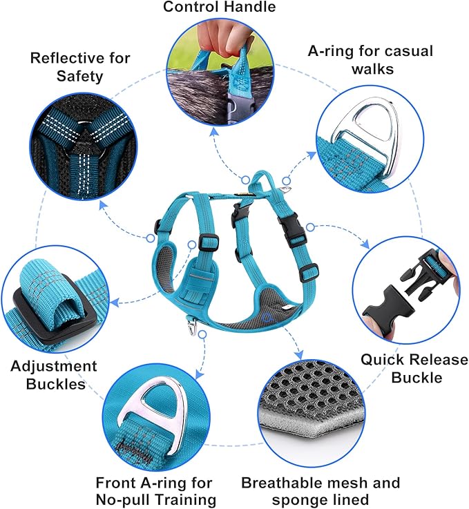 Plutus Pet No Pull Dog Harness, Reflective Adjustable Dog Vest Harness with Handle, Escape Proof, Soft Padded for Small Medium Large Dogs (Light Blue, S)