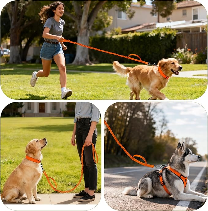 Reflective Heavy-Duty Dog Leash Adjustable 4–5 ft Shock-Absorbing Leash with Padded Handle & Traffic Handle, Equipped with 360° Tangle-Free Metal Clasp, Suitable for All Dog Sizes (Orange)