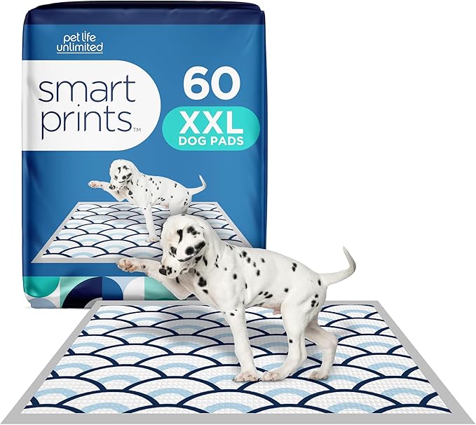 Pet Life Unlimited Smart Prints Extra Extra Large Puppy Pads – 30" x 36", 60 Count (XXL) | Stylish Dog Training Pads with Odor Controlling Wetness-Activated Sweet Bluegrass Scent | USA Made