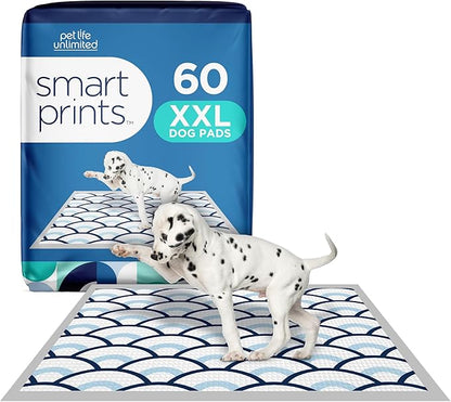 Pet Life Unlimited Smart Prints Extra Extra Large Puppy Pads – 30" x 36", 60 Count (XXL) | Stylish Dog Training Pads with Odor Controlling Wetness-Activated Sweet Bluegrass Scent | USA Made