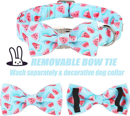 Summer Dog Collar with Bow Tie, Charm Watermelon Bowtie Dog Collar, Durable Adjustable Cotton Pet Collar for Small Medium Large Dogs XS