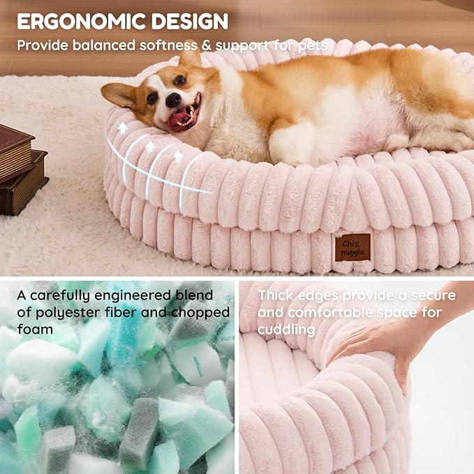 Dog Bed Large Sized Dog - Luxury Striped Faux Fur Waterproof Pet Couch with Removable Washable Cover, Orthopedic Pet Bed with Bolster Sides for Sleeping, Pink