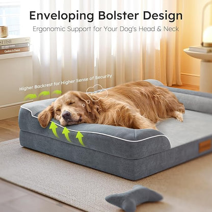 CWAWZ Extra Large Dog Bed, Orthopedic XL Dog Bed with Cooling Gel Memory Foam, Waterproof Pet Bed with Removable Washable Cover, 42" Pet Sofa Couch Dutch Velvet with Bone Toy, Dark Gray