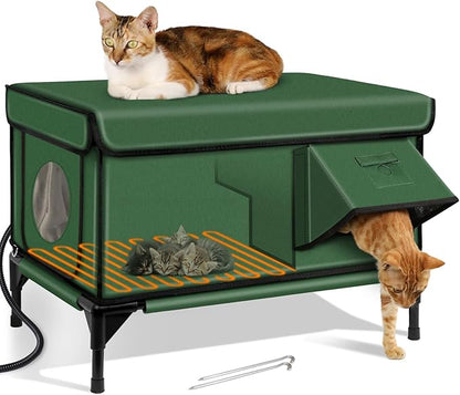 Outdoor Heated Cat House in Winter,Extremely Insulated & Weatherproof,Elevated Feral Cat Shelter with Waterproof Eaves & Escape Door for Outside Stray Barn Cat (Army Green,L)