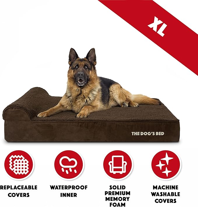 The Dog’s Bed Orthopedic Headrest Dog Bed XL Brown Plush, Memory Foam, Pain Relief for Arthritis, Hip & Elbow Dysplasia, Post Surgery, Lameness, Waterproof Washable Cover, Veterinary Approved