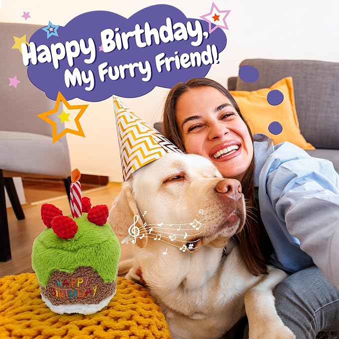 Fuzzwoof Dog Happy Birthday Cake Singing Toy with Crinkle, Stuffed Plush Puppy Present for Birthday Party, Dog Toy for Small Medium Large