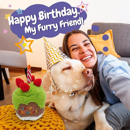 Fuzzwoof Dog Happy Birthday Cake Singing Toy with Crinkle, Stuffed Plush Puppy Present for Birthday Party, Dog Toy for Small Medium Large
