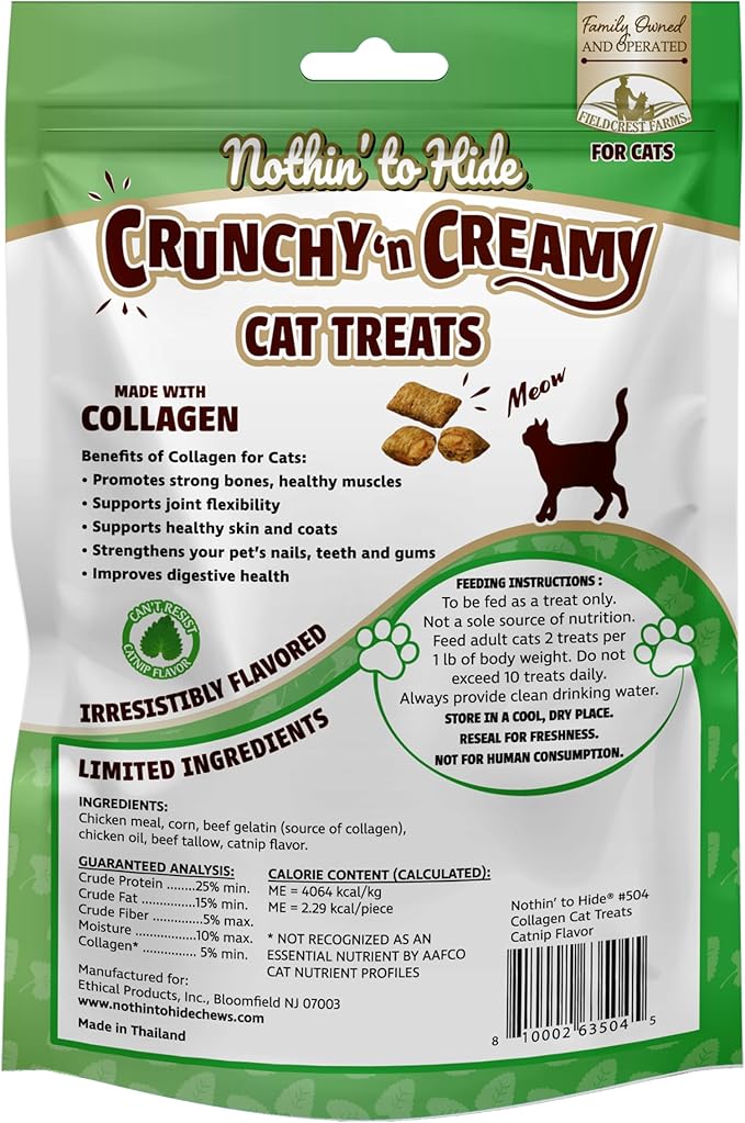 Fieldcrest Farms Nothin’ to Hide Collagen Cat Treats – Crunchy & Creamy Cat Snacks, High-Protein Healthy Treats for Skin, Coat & Joint Support, Catnip Flavor, 3 oz. Bag