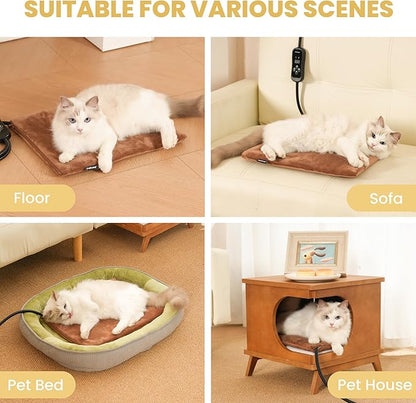 PetTemp Cat Heating Pad, Heated Cat Bed with 5 Heat Levels, Timer & Auto Shut-Off, Waterproof Warmer with Thick Fleece Cover, Chew-Resistant Cord, for Indoor & Sheltered Outdoor Use, 16" x 13"