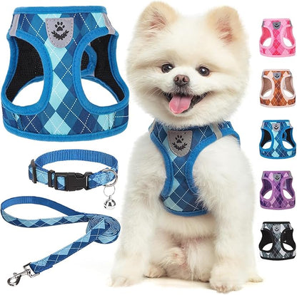 SCENEREAL Small Dog Harness and Leash Collar Set, Step in No Pull Soft Mesh Dog Harnesses for Small Medium Sized Dogs Puppy and Cats Outdoor Walking, No Chock Reflective Vest Harness, Blue Plaid XS