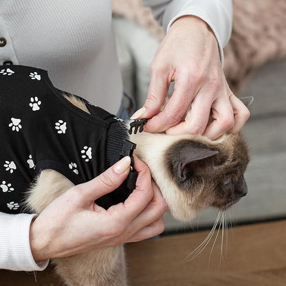 Cat Surgery Recovery Suit Female Cat Onesie for Cats After Surgery Spay Surgical Abdominal Wound Skin Diseases E-Collar Alternative Wear (Black, Medium)