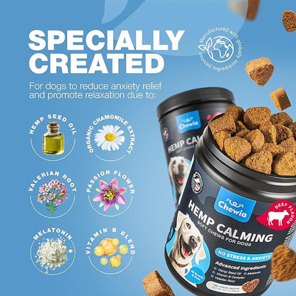 Hemp Calming Chews for Dogs - Dog Calming Treats - Anxiety Relief for Dogs with L-Theanine, Chamomile Extract, Valerian Root - Dog Anxiety Relief for Travel, Vet Visits, Thunderstorms, Nail Trimming