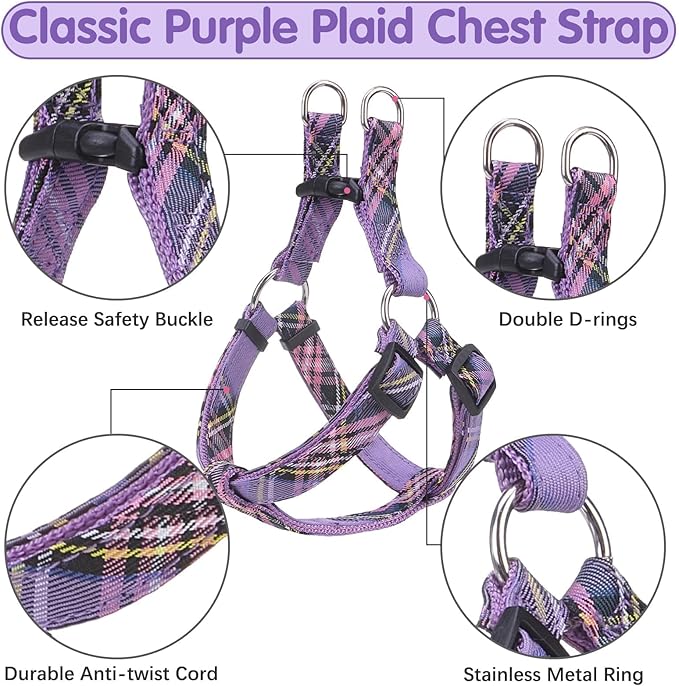BINGPET Dog Harness Collar Leash Set,Adjustable No Pull Escape Proof Small Dog Harness,Classic Plaid Puppy Harness and Leash Set for Small Medium Large Dogs Training Easy Walk Running(Purple,S)