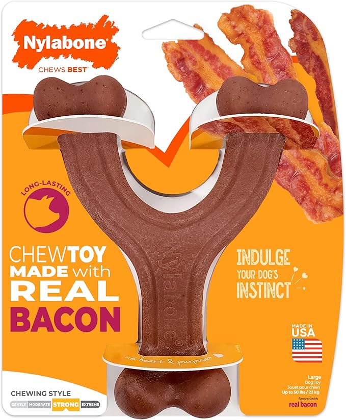 Nylabone Wishbone Strong Chew Toy for Dogs Made with Real Bacon, Durable Dog Chew Bones for Aggressive Chewers, Long-Lasting Flavor Keeps Dogs Busy, Large Dog Toys - Up to 50 lbs, 1 Count