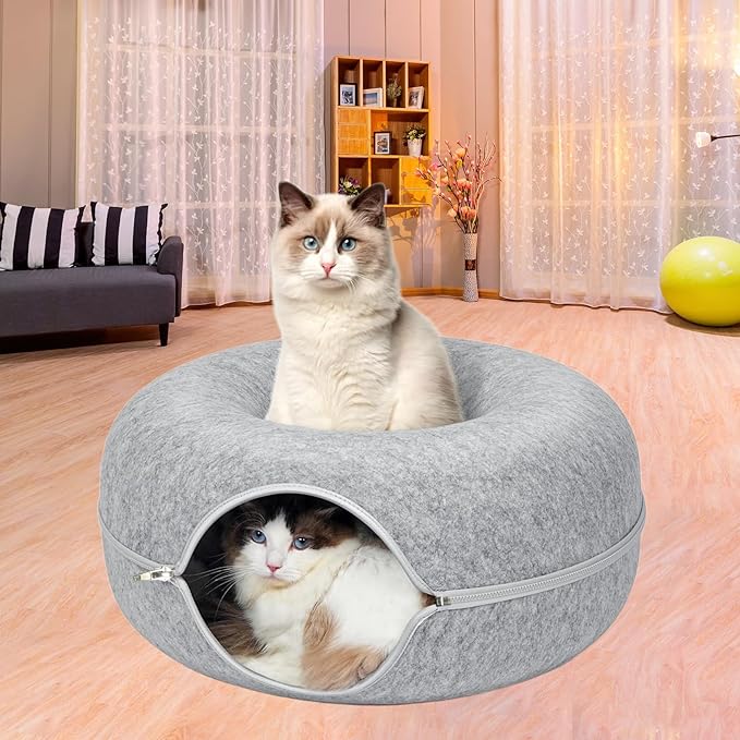 ZVGV 24inch-Tunnel Bed for Indoor,cattasaurus Peekaboo cat cave for Multiple,Detachable Felt Felt Washable Interior for Indoor Cats,Donut Tunnel (Dark Grey)