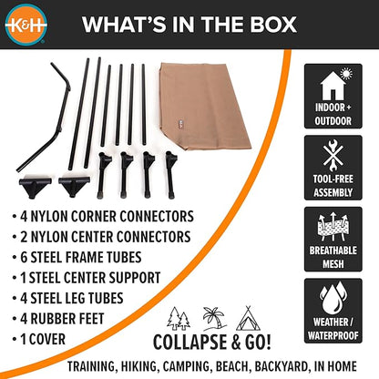 K&H Pet Products Outdoor Elevated Dog Cot, Cooling Raised Bed with Waterproof Breathable Mesh for Large Dogs, Portable Pet Bed with Heavy-Duty Metal Frame, Oversized Hammock Style - Extra-Large Tan