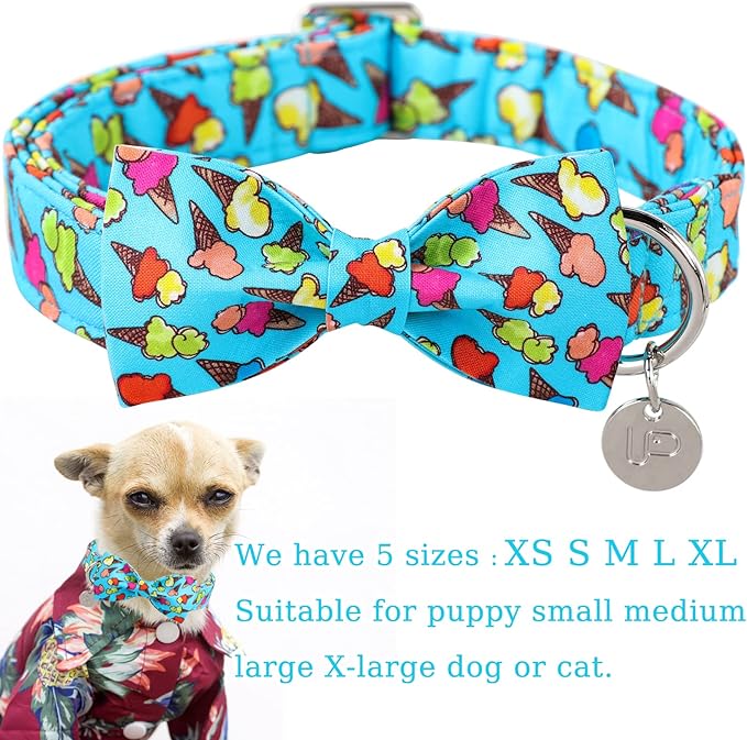 Summer Dog Collar with Bow Tie, Cotton Cute Bowtie Dog Collar, Summer Bowtie Collar for X-Large Boy Girl Dog, Comfortable Blue Dog Collar with Metal Buckle, XL