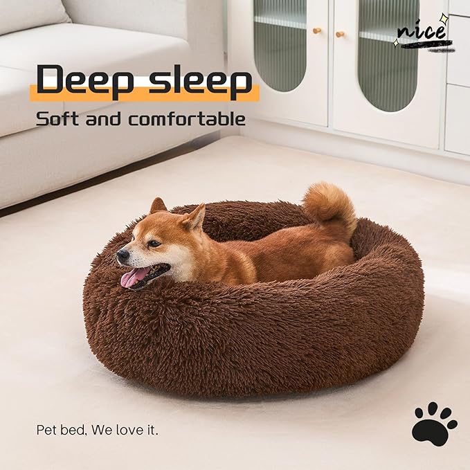 Comfort Donut Dog Bed for Small Dogs, Cat Bed & Pet Bed for Indoor Use, Medium Size with Soft Plush, Round Dog Beds for Large Dogs and Cats (Coffee, 20''Lx20''Wx8''Th)