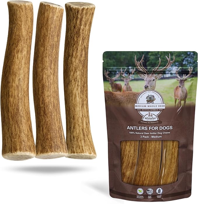 Whitetail Naturals - 3 Pack Medium - Deer Antler Dog Chews - Antlers for Medium Dogs - Long Lasting, Naturally Shed Antler Dog Bones