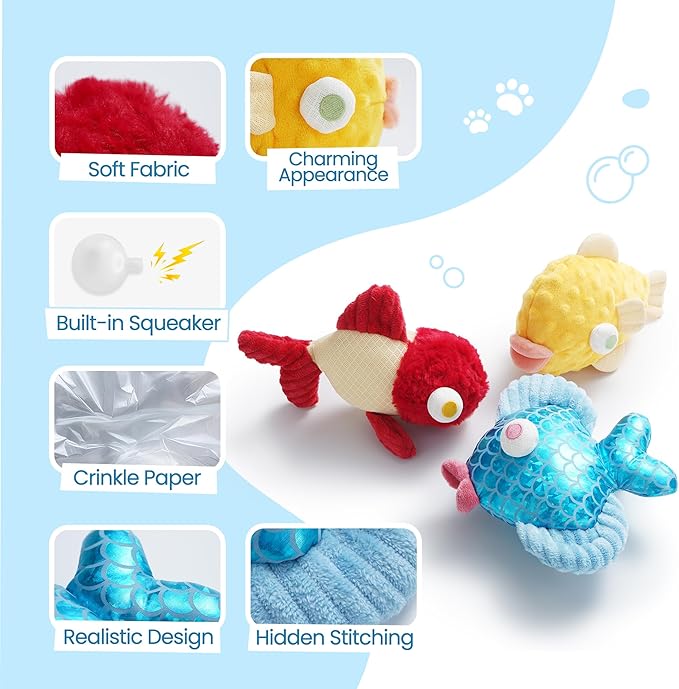 Nocciola Tough Dog Toys, Squeaky Dog Toys to Keep Dogs Busy with Two Resistant Layer & Crinkle Sound, Googly Eyed Fish Gang Puppy Teething Toys for Small, Medium, Large Breeds