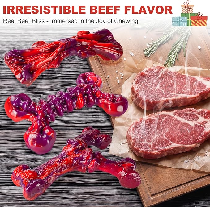 Long-Lasting Nylon Dog Chew Toys for Aggressive Chewers, Heavy-Duty Chew Bones for Medium & Large Dogs 25–80 lbs, Beef Flavor, 3-Pack (Red)