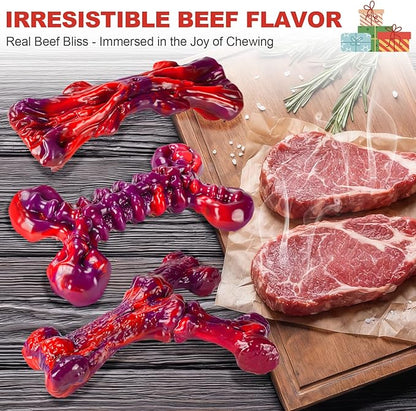 Long-Lasting Nylon Dog Chew Toys for Aggressive Chewers, Heavy-Duty Chew Bones for Medium & Large Dogs 25–80 lbs, Beef Flavor, 3-Pack (Red)