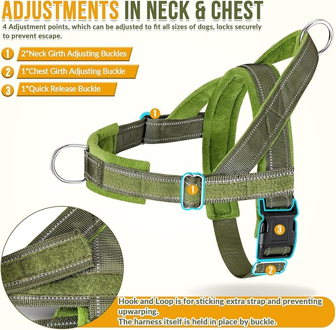 Lukovee No Pull Dog Harness & Leash Set - Heavy Duty Dog Vest Harness with Soft Padded for Medium Large Dogs, Adjustable Reflective Tactical Pet Harness for Easy Walk and Training (XL, Green)