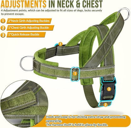 Lukovee No Pull Dog Harness & Leash Set - Heavy Duty Dog Vest Harness with Soft Padded for Medium Large Dogs, Adjustable Reflective Tactical Pet Harness for Easy Walk and Training (XL, Green)