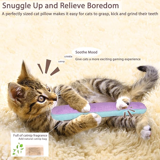 Retro Shaw Refillable Cat Toys 3Pcs with Natural Catnip and Crinkle Sound, Interactive Soft Pillow Kicker Toys for Boredom Relief & Safe Teeth Cleaning, Fun for Indoor Cats Kittens