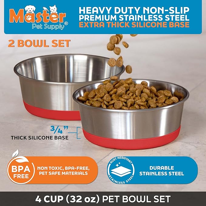 Master Pet Supply Stainless Steel Dog Bowls Set of 2 with Extra Thick Silicone Base - 4 Cup (32 oz) Crimson Red, Non-Slip, Dishwasher Safe Metal Bowls, Pet Dog Food Bowl for Dogs, Cats, Anti Rust