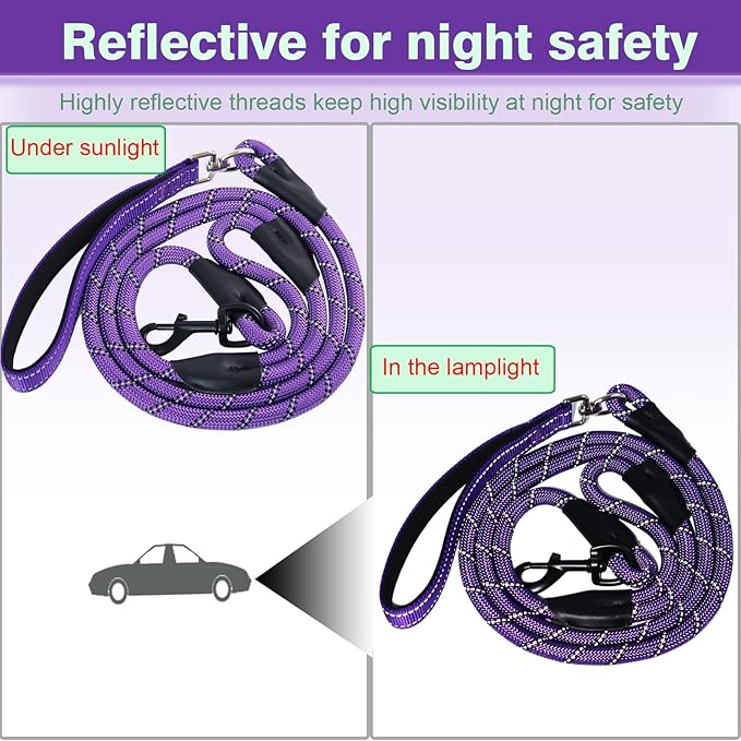 Dog Leash, 6 Foot Dog Leash, 2 Extra Padded Handles, Lockable Metal Carabiner Clip, Reflective No Pull Heavy Duty Rope Lead, Walking, Training, Running, Medium to Large Breeds（Purple）