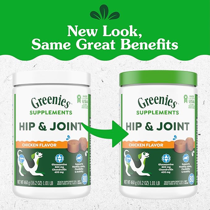 Greenies Supplements Hip and Joint Supplements for Dogs, Chicken Flavor, 16.2 oz. 80-Count