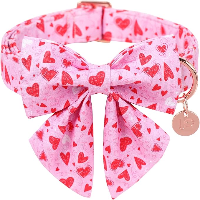 Valentine’s Dog Collar with Bow Tie, Pink Heart Bowtie Collar with Metal Buckle, Valentine’s Gift Pet Collar for Puppy Girl Boy Dog or Cat, Wedding Dog Collar, S