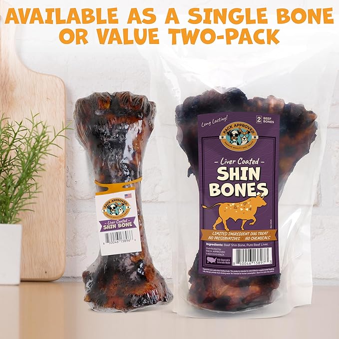 Pack Approved Beef Shin Bones for Dogs - Liver Coated Long Lasting Dog Chews for Aggressive Chewers - Rawhide-Free Big Bones for Large Dogs - Healthy Large Dog Bone (2 Pack)