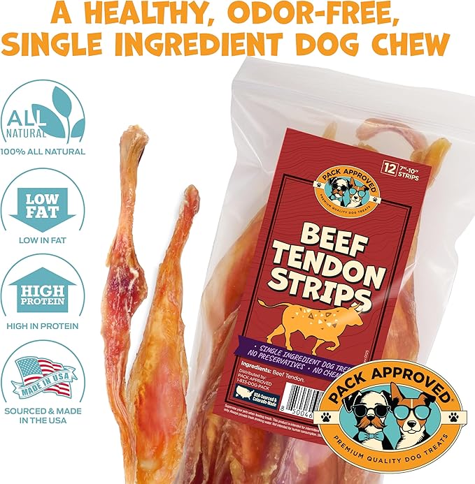 Pack Approved Beef Tendons for Large Dogs & Medium Breeds - Digestible Chews & Dog Treats for Large Dogs - Single Ingredient Dog Chew Sticks - 7-10" (12ct)