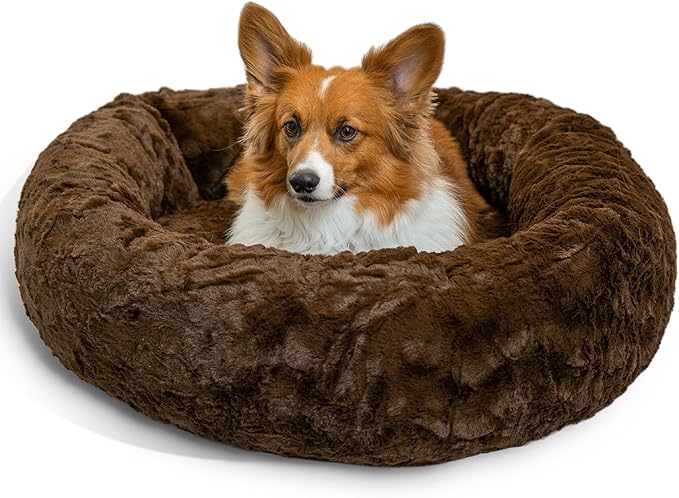 Best Friends by Sheri The Original Calming Donut Dog Bed – Washable Plush Pet Bed for Medium Breeds up to 45 lbs, Lux Faux Fur, Dark Brown, Medium (30" x 30")