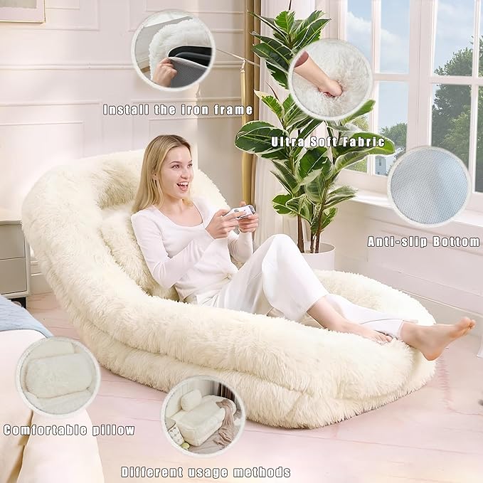 KEIKI 69" Human Dog Bed for Adults, Plush Faux Fur Giant Dog Bed with Adjustable Recliner Function, Foldable Nest Sofa with Pillows for Bedroom or Living Room, Beige