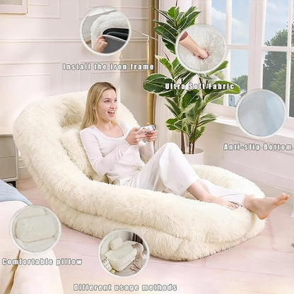 KEIKI 69" Human Dog Bed for Adults, Plush Faux Fur Giant Dog Bed with Adjustable Recliner Function, Foldable Nest Sofa with Pillows for Bedroom or Living Room, Beige