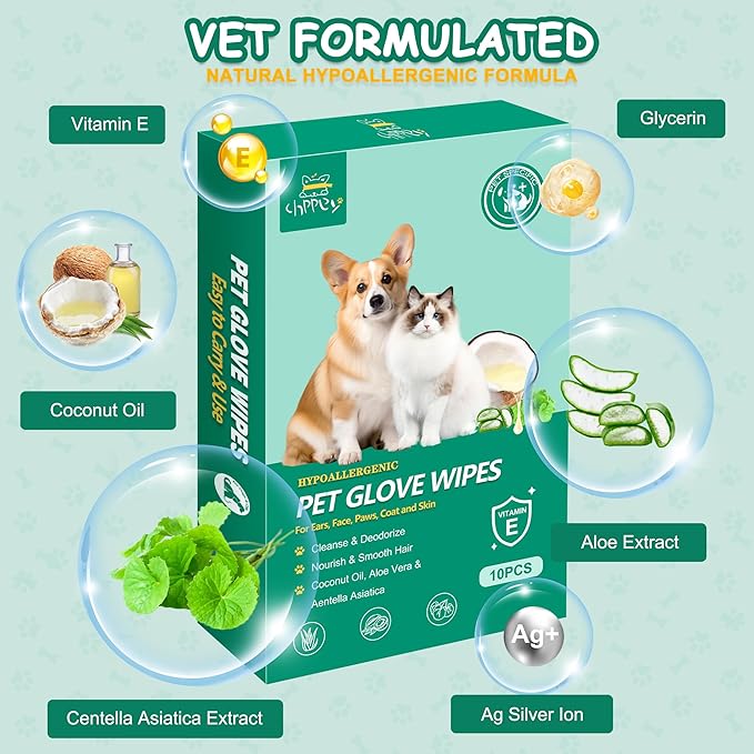 CHPPEY 10 PCS Pet Cleaning and Deodorizing Bathing Grooming Glove Wipes for Dogs and Cats, Extra Thick Nourish Fur No-Rinse Grooming Wipes for Daily Care and Travel, Hypoallergenic