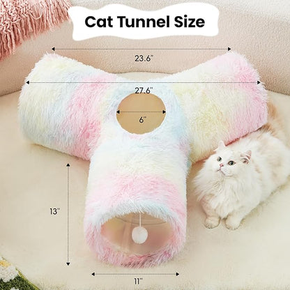 Tempcore Plush Pet Cat Tunnel Tube Cat Toys 3 Way Collapsible, Tunnels for Indoor Cats，Kitty Tunnel Bored Pet Toys Peek Hole Ball Puppy, Kitty, Kitten, Rabbit Rainbow