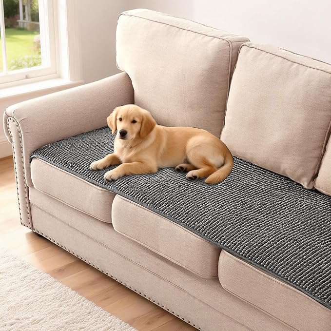 H.VERSAILTEX Plush Chenille Couch Cover for 3 Cushion Couch Anti Slip Washable Sofa Slipcovers Soft and Durable Furniture Protector for Dogs Cats Kids (27.5" x 82", Gray)