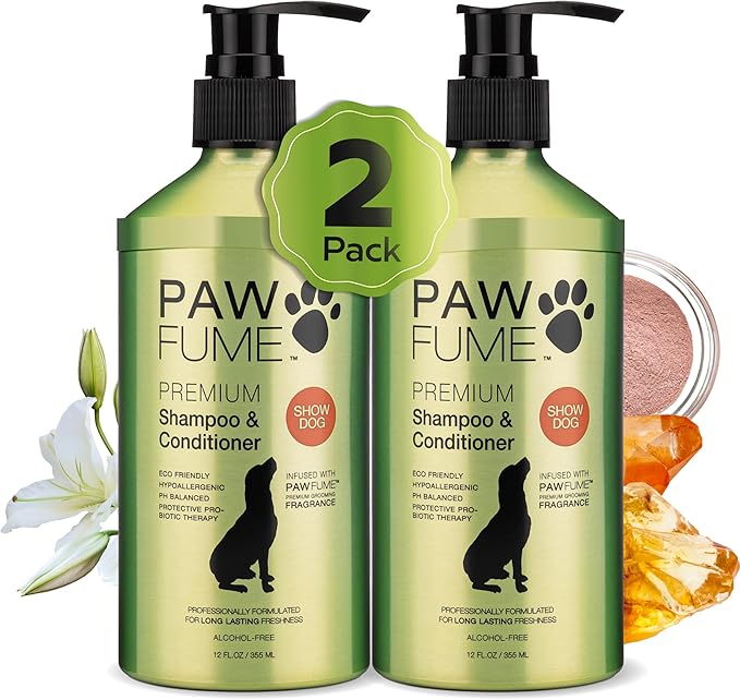 PAWFUME Deshedding Dog Shampoo and Conditioner, Show Dog, 2-Pack – Nourish & Detangle for Silky Soft Coat – Probiotic, Deep-Cleaning, pH-Balanced Formula – Salon-Quality Shampoo for Dogs