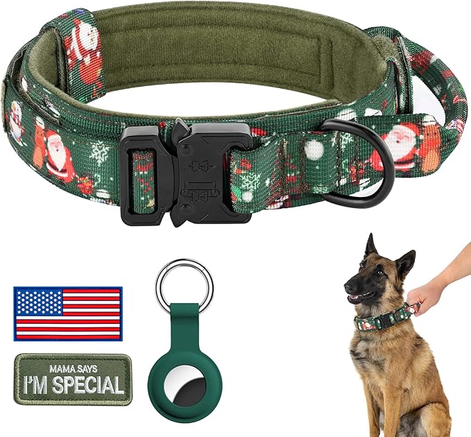 DAGANXI Christmas Tactical Dog Collar, Adjustable Military Training Nylon Dog Collar with Control Handle and Metal Buckle for Medium and Large Dogs, with Patches and Airtags Case (XL, Christmas green)