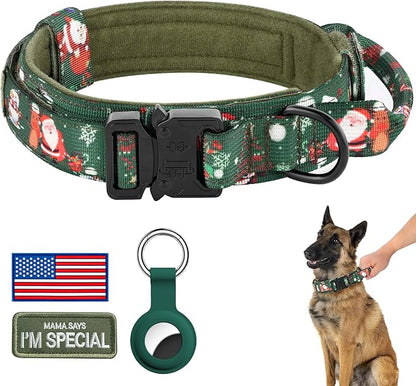 DAGANXI Christmas Tactical Dog Collar, Adjustable Military Training Nylon Dog Collar with Control Handle and Metal Buckle for Medium and Large Dogs, with Patches and Airtags Case (XL, Christmas green)