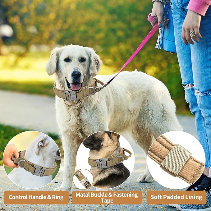 Tactical Dog Collar - Military Dog Collar, Adjustable Heavy Duty Metal Buckle Nylon Collar with Control Handle for Small Medium Large Dogs, (Brown, L)