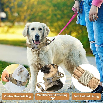 Tactical Dog Collar - Military Dog Collar, Adjustable Heavy Duty Metal Buckle Nylon Collar with Control Handle for Small Medium Large Dogs, (Brown, L)