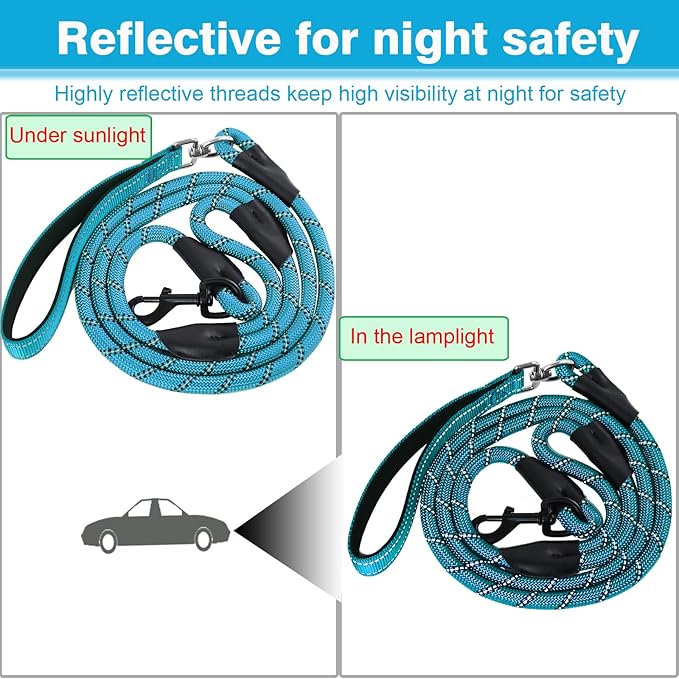 Dog Leash, 6 Foot Dog Leash, 2 Extra Padded Handles, Lockable Metal Carabiner Clip, Reflective No Pull Heavy Duty Rope Lead, Walking, Training, Running, Medium to Large Breeds（Blue）