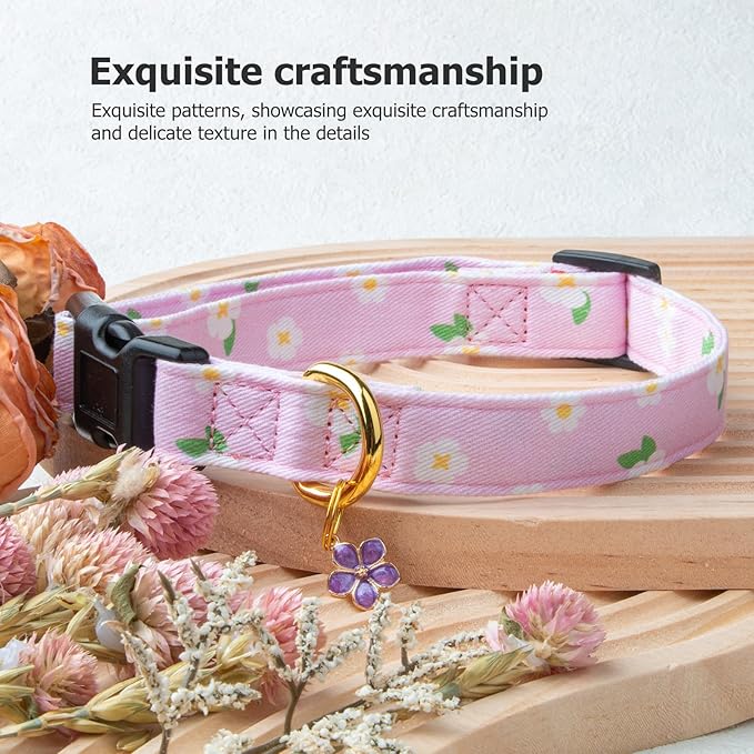 Cotton Handmade Dog Collar Cute and Distinctive Patterns Purple Flower with Pendant for Girl Boy Dogs Collars M