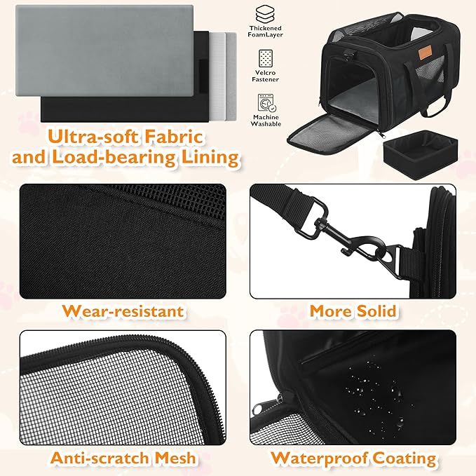 PETUX Airline Approved Pet Carrier - 17x11x9.5 in, Underseat, Top & Side Entry, Soft Sided Cat Dog Carrier for Small Cat & Dog Up to 12 lbs with Anti-Scratch Mesh & Litter Box for Travel & Vet - Black